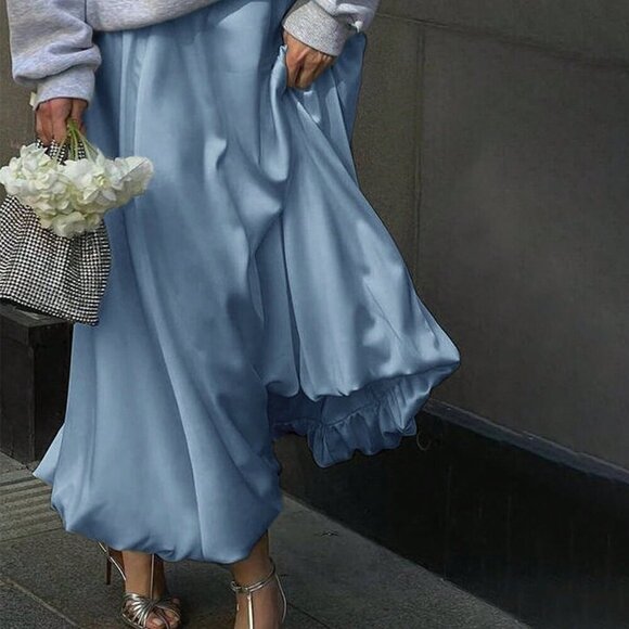 Dusty Blue Casual Women's Long Low Waist Flowy Elegant Skirt - Picture 5 of 11